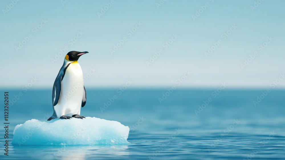 Obraz premium solitary penguin stands on floating ice piece, symbolizing effects of climate change