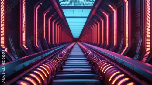 Conveyor assembly roller automated factory production. A futuristic, illuminated tunnel with vibrant pink and blue lighting, showcasing a sleek metallic pathway leading into the distance. photo