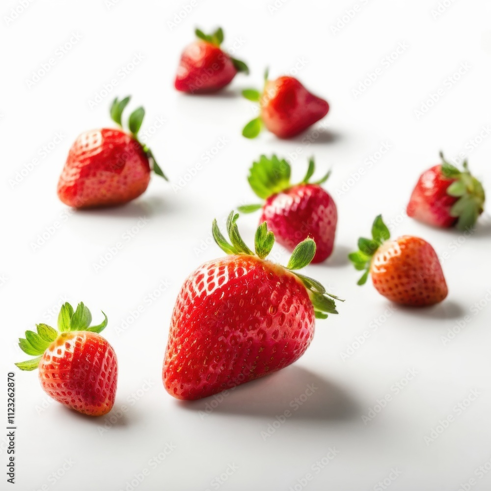 A strawberry with green leaves, isolated on a white background. A strawberry with green leaves, isolated on a white background.