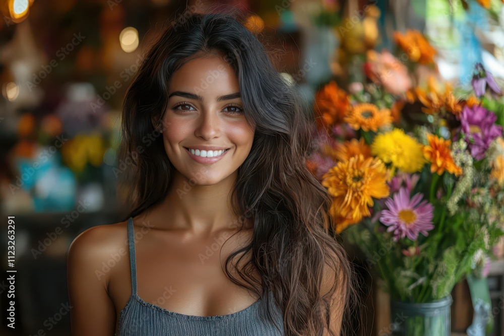 latina woman smiling among vibrant flowers in a warm floral shop embodying the spirit of autumn with colorful blooms and a joyful ambiance latina woman smiling among vibrant flowers in a warm floral shop embodying the spirit of autumn with colorful blooms and a joyful ambiance