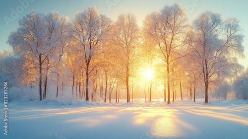 Winter wonderland sunrise through frosted trees.