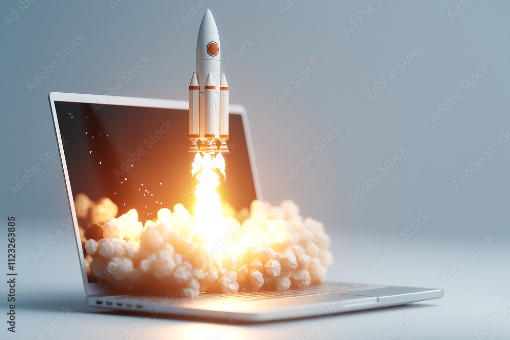 Fototapeta premium rocket launching from laptop symbolizes innovation and technology. scene captures excitement of digital advancements and future of exploration