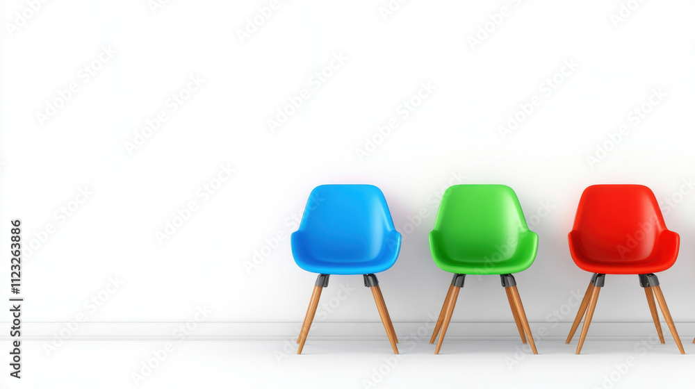Obraz premium Colorful chairs in neat arrangement against white wall, creating vibrant and inviting atmosphere