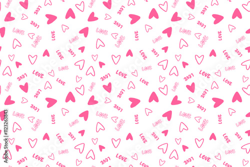 Cute pink hearts word love Seamless pattern lovely romantic Isolated background Valentine's Day textiles fabric wallpaper wrapping paper wallpaper polygraphy Repeating design Fabric print Joy