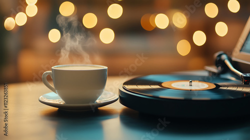 cozy cafe scene with coffee and vinyl record player