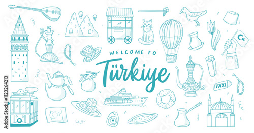 Turkiye and `istanbul monochrome doodles collection for prints, cards, planners, stickers, signs, packaging, banners, posters, etc. EPS 10