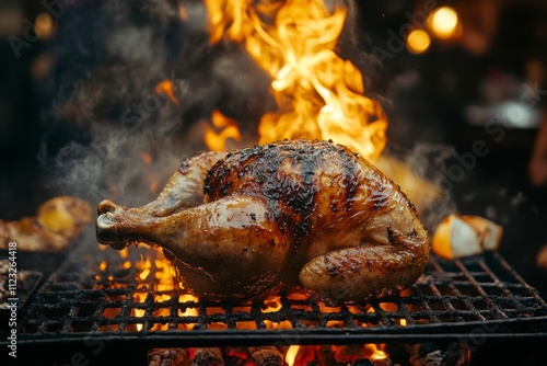 A whole chicken grilled on a charcoal grill has smoke and flames