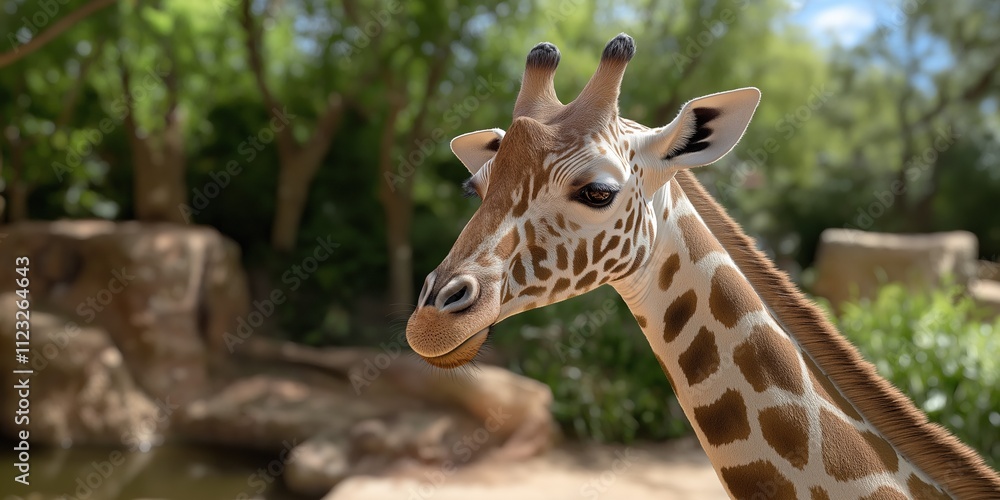 Obraz premium A giraffe is standing in front of a rock wall. The giraffe is looking at the camera