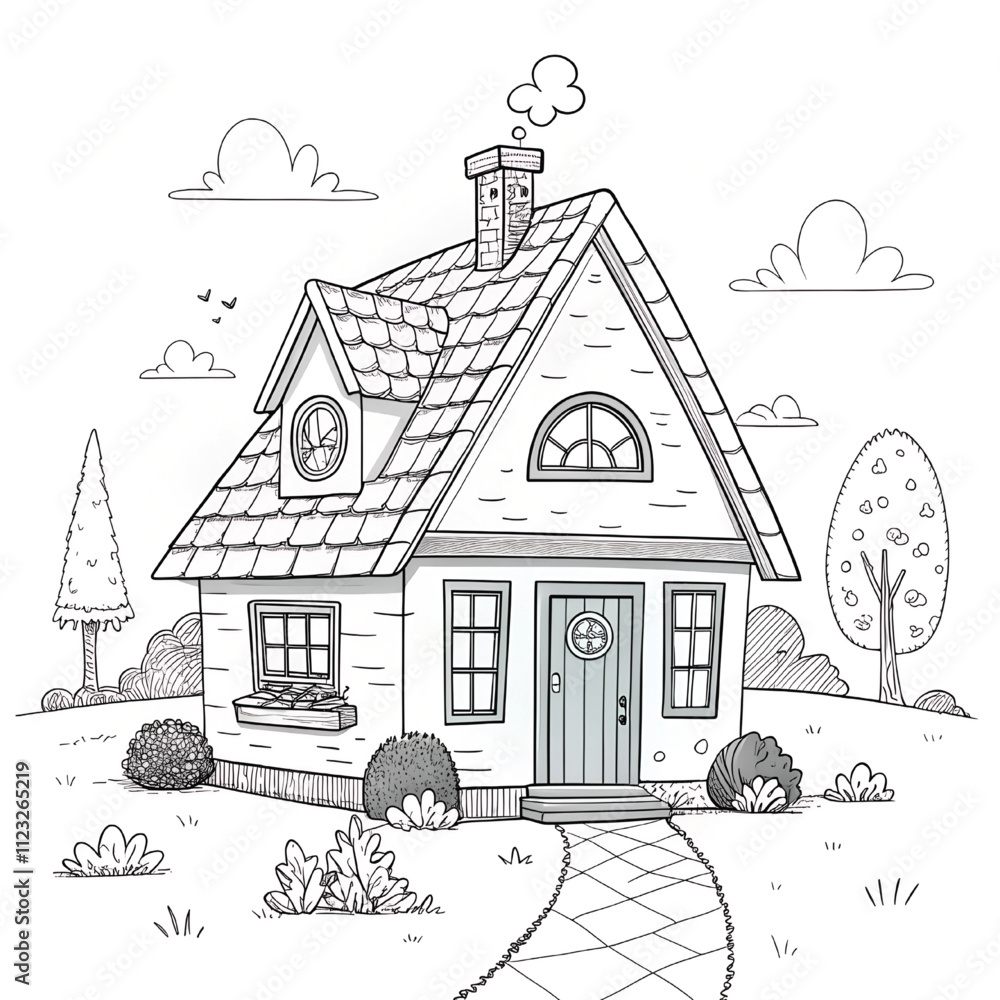 Naklejka premium A black and white house drawing coloring book on white background.