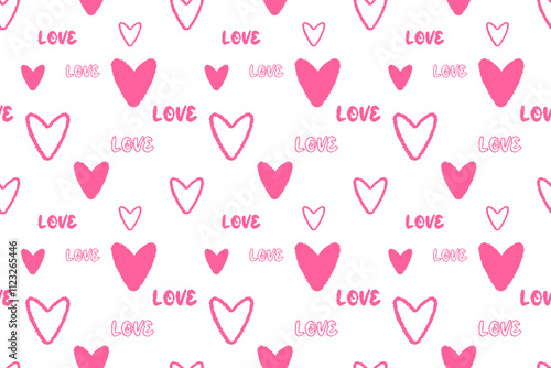 Cute pink hearts word love Seamless pattern lovely romantic Isolated background Valentine's Day textiles fabric wallpaper wrapping paper wallpaper polygraphy Repeating design Fabric print design