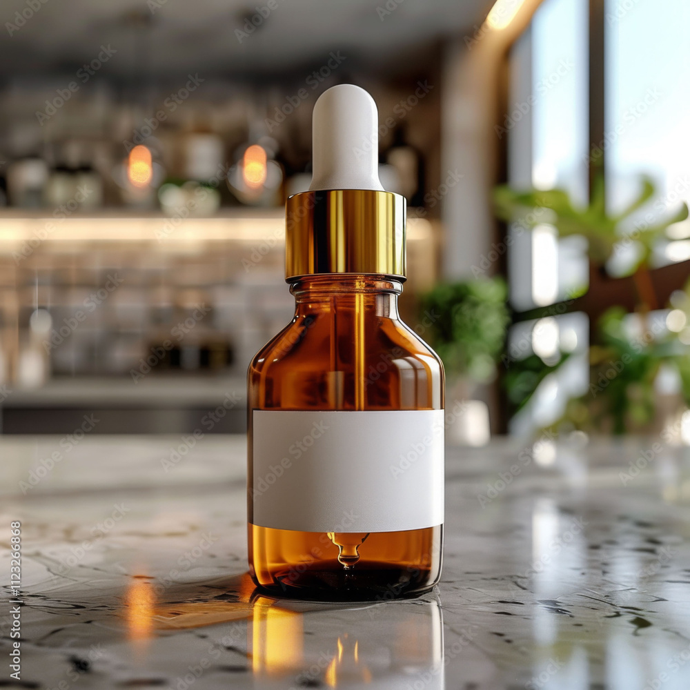 Amber dropper bottle on marble countertop, featuring white label. elegant design and warm lighting create sophisticated atmosphere, perfect for skincare products Amber dropper bottle on marble countertop, featuring white label. elegant design and warm lighting create sophisticated atmosphere, perfect for skincare products