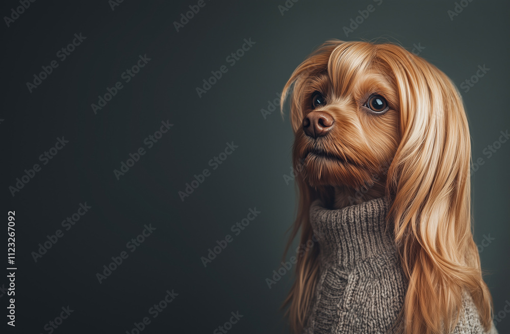Naklejka premium Stylish Dog Wearing Sweater Against Dark Background in Artistic Portrait