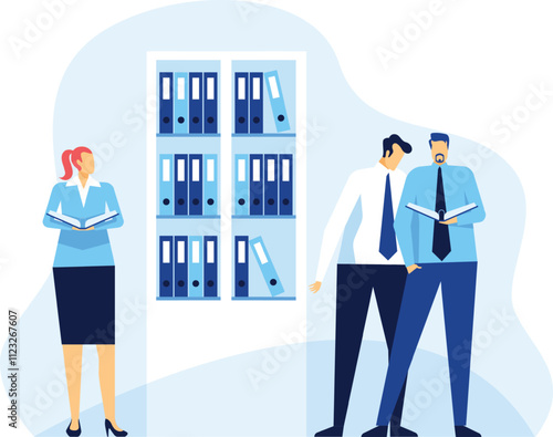 Office workers reading documents and consulting archives while a female colleague stands beside a filing cabinet, contributing to a collaborative and productive work environment