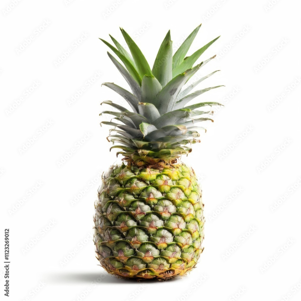 Fototapeta premium A whole, ripe pineapple with a green crown, isolated on a white background.