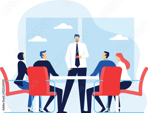 Office workers sitting at a table listening to their boss explaining something during a meeting in a modern office with windows, clouds and blue sky