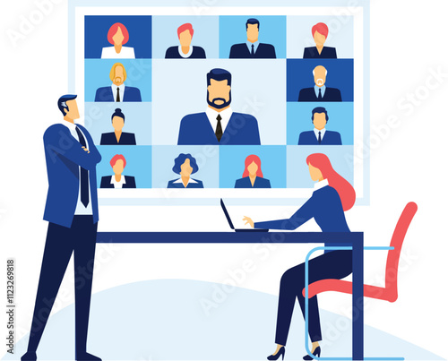 Business colleagues attending an online meeting via video conference, using a laptop to connect with remote participants and discuss business matters