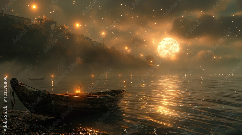 Fototapeta premium Charon guides souls on Styx to afterlife.