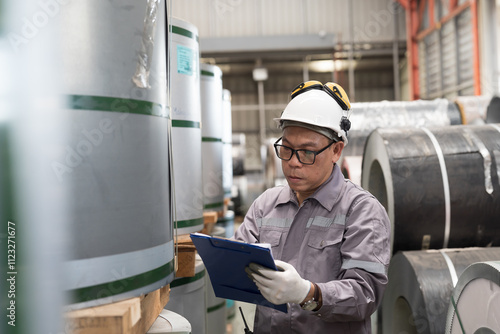 Asian male worker inspecting quality rolls of galvanized or metal sheet. Male worker working in warehouse of rolls stainless steel