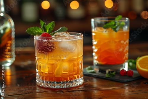 Refreshing Summer Cocktails with Mint and Berries Served in Stylish Glasses on a Rustic Wooden Table in a Warmly Lit Bar Environment