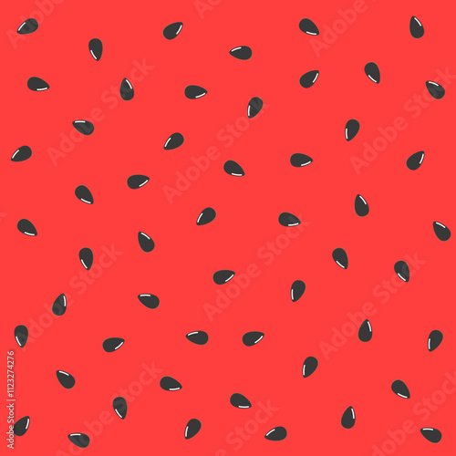 Illustration of black seed on a red watermelon background