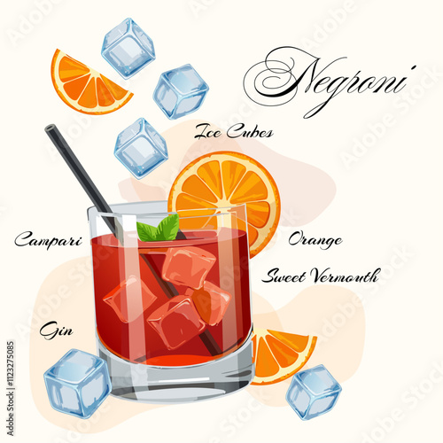 Negroni Cocktail Flat design. Summer Cocktail Drink Vector Illustration