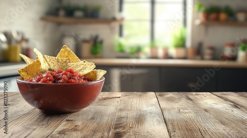 Crispy tortilla chips served with fresh salsa in rustic bowl on distressed wood table, creating warm and inviting atmosphere in cozy kitchen photo