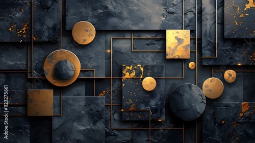 A black and gold abstract painting with a lot of shapes and circles