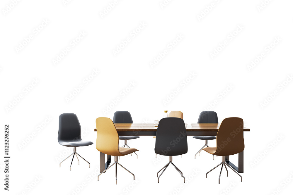 Fototapeta premium Contemporary office chairs and a wooden table on a white background, clean and isolated, showcasing a stylish and functional furniture setup. 3D Rendering.