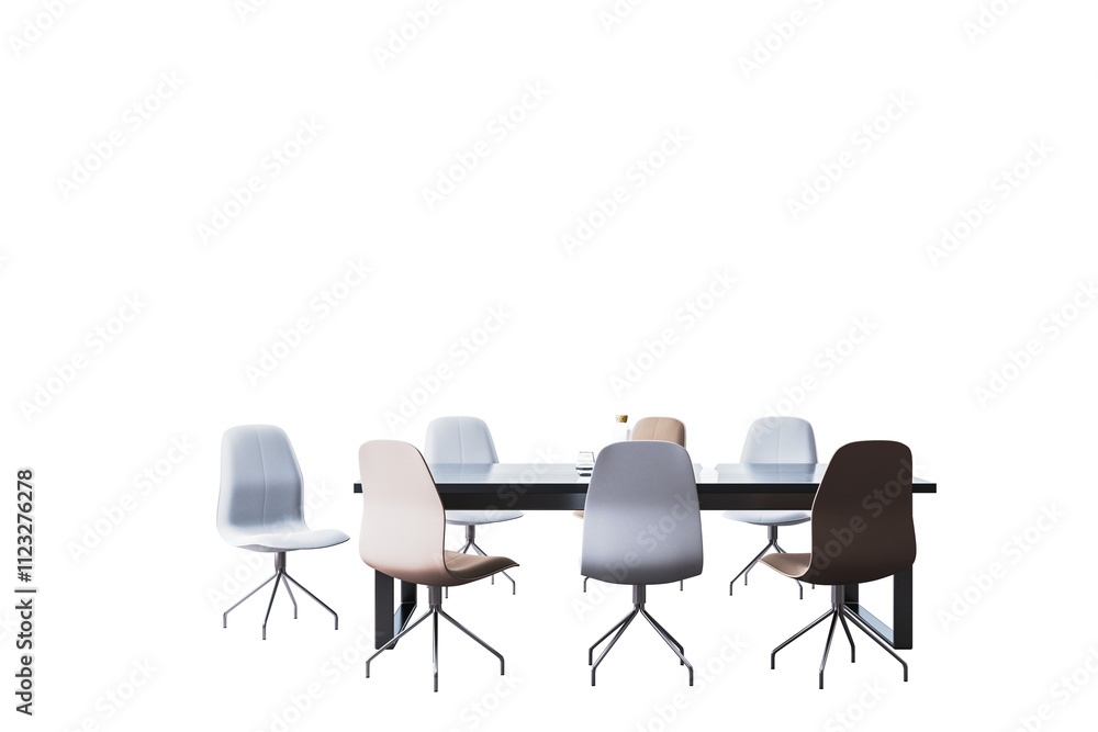 Fototapeta premium Office chairs with sleek modern design surrounding a rectangular black table, minimalist style, white background, concept of workspace. 3D Rendering.