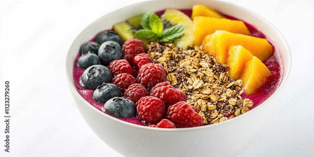 Colorful fruit bowl with berries, mango, and granola on white. Colorful fruit bowl with berries, mango, and granola on white.