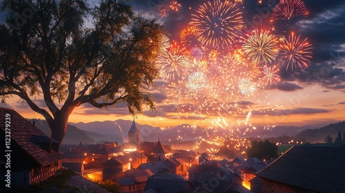 Fireworks festival in a picturesque village with an ancient oak tree