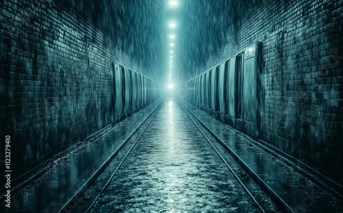A tunnel with water running through it. The tunnel is dark and the water is reflecting the light
