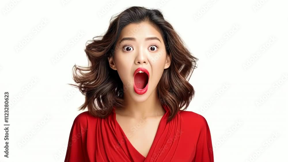 Surprised beautiful woman in red with bright lipstick on a white background. Animation with zoom in effect. High quality 4k footage Surprised beautiful woman in red with bright lipstick on a white background. Animation with zoom in effect. High quality 4k footage