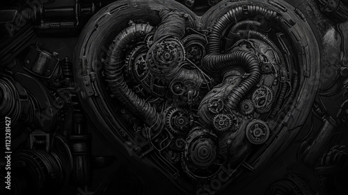 Steampunk-inspired heart design featuring intricate gears, pipes, and mechanical elements integrated with human anatomy photo