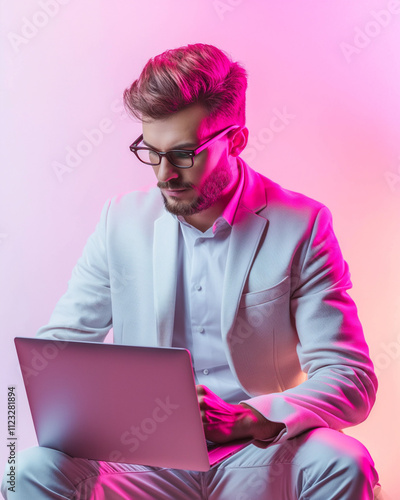 Man in White Suit Using Laptop Pink Lighting Studio Shot