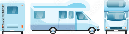 Modern camper van showing front, back and side view, perfect for advertising and showcasing vehicle features, offering comfortable travel and accommodation