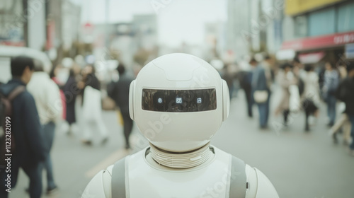 Wallpaper Mural A humanoid robot stands in busy urban environment, surrounded by people. robots sleek design and digital display create futuristic atmosphere, highlighting intersection of technology and daily life Torontodigital.ca