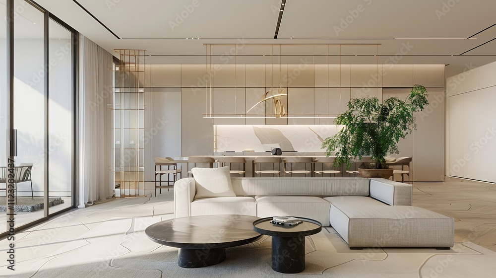 Fototapeta premium Minimalist Japanese Style Modern Living Room Interior Design, Blending Simplicity and Elegance for a Tranquil and Stylish Space.