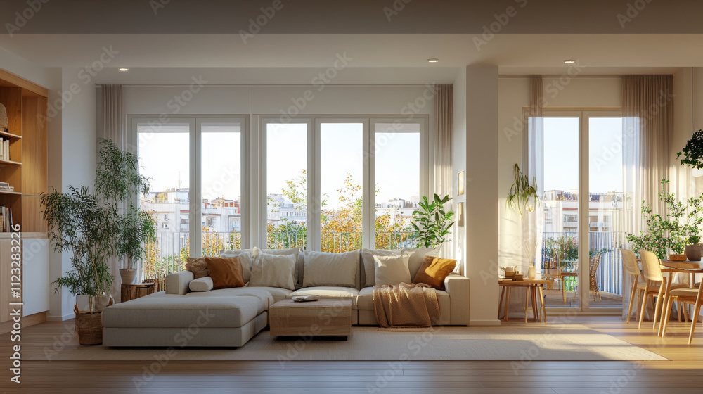 Fototapeta premium A bright and airy living room features large sectional sofa adorned with cushions, surrounded by lush greenery and natural light streaming through large windows. warm decor creates cozy atmosphere