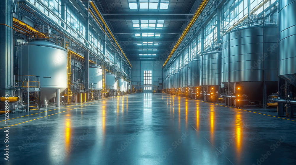 Fototapeta premium A spacious, modern industrial hall with gleaming floors and large cylindrical tanks, brightly lit