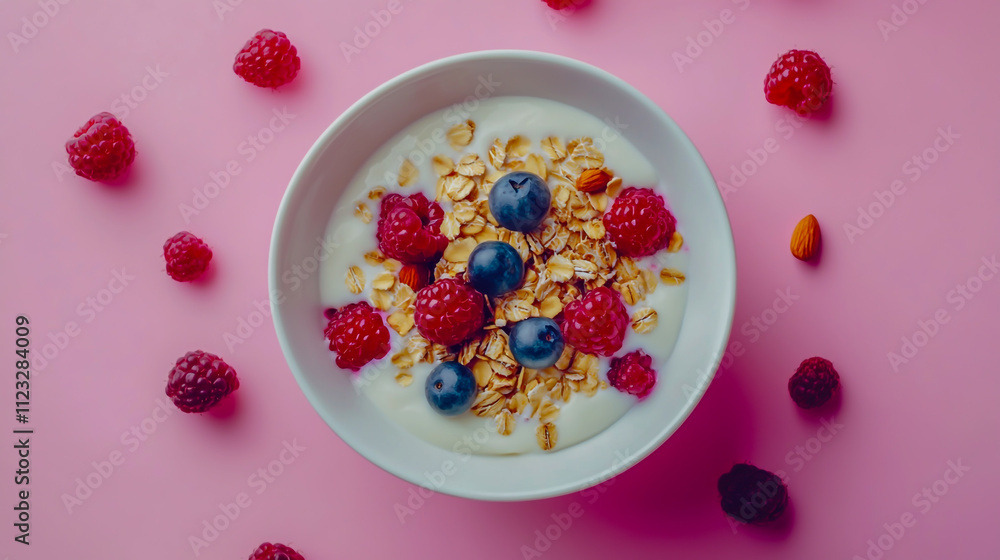 Top view of a healthy yogurt bowl with a mix of fresh berries, nuts, and oats, isolated on a clean background Top view of a healthy yogurt bowl with a mix of fresh berries, nuts, and oats, isolated on a clean background