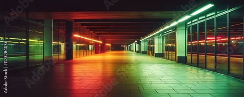 Modern tunnel with red and green lights creating a leading line effect