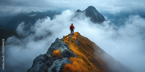 Solo hiker on mountain ridge above clouds at sunrise.