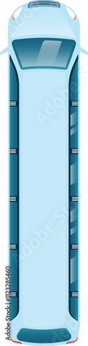 Capturing an aerial view of a light blue passenger bus, highlighting the roof, windows, and overall design from a top down perspective, emphasizing its modern and stylish features