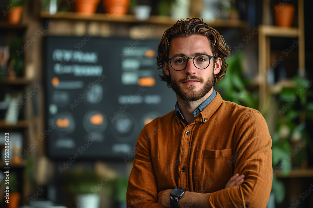 A young entrepreneur confidently presenting an innovative startup idea to potential investors in a professional setting A young entrepreneur confidently presenting an innovative startup idea to potential investors in a professional setting