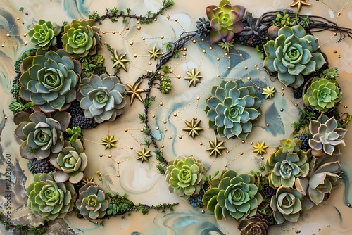 Closeup of a meticulously arranged composition featuring succulents, gold star accents, and delicate vines on a marbled background. The image evokes a celestial, botanical theme. photo