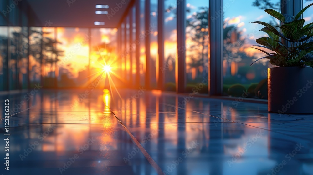 Sunset view through modern office windows, reflecting on polished floor. Sunset view through modern office windows, reflecting on polished floor.