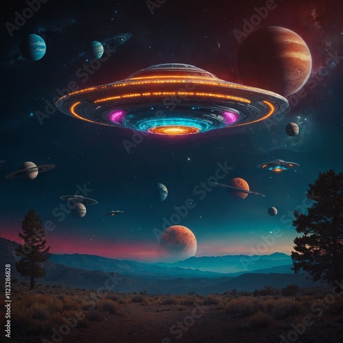 A colorful World UFO Day poster design with planets and glowing UFOs. photo