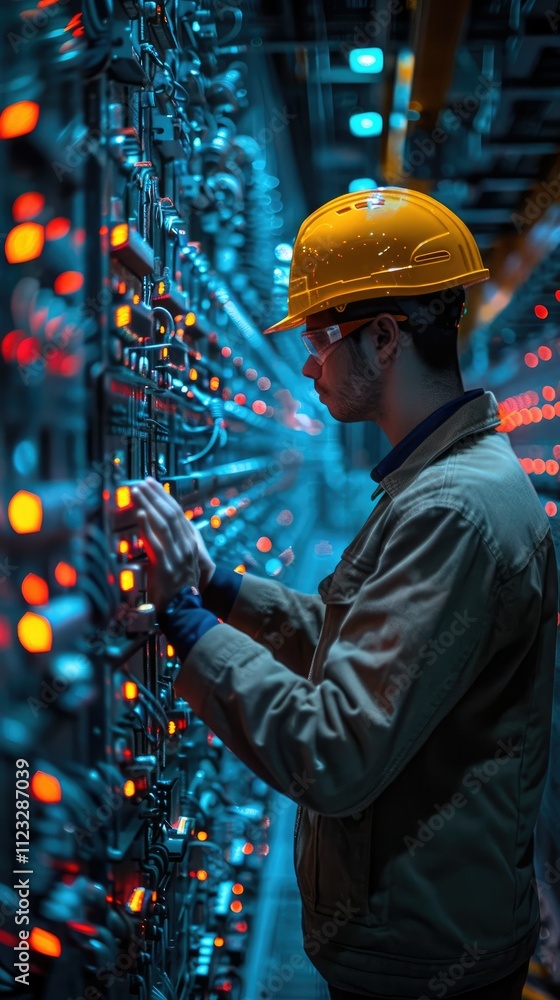 Fototapeta premium Technician inspecting complex industrial control panel.