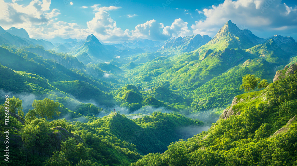 Fototapeta premium Vibrant green mountain landscape with lush wilderness and diverse vegetation, featuring rolling hills, dense forests, and a serene natural environment